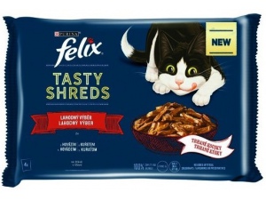 Felix Tasty Shreds lahodný výběr 4×80g g hovězí, kuře ve šťávě